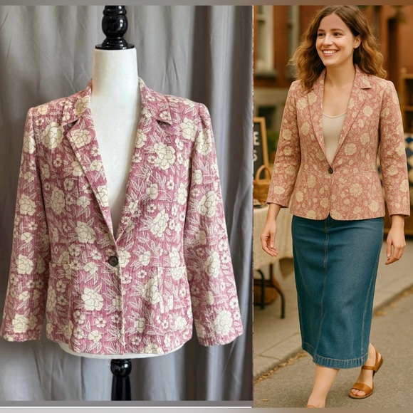 Fabels Jackets & Blazers - FABELS 💯% Cotton Floral Pink Contrast Stitch Blazer -M